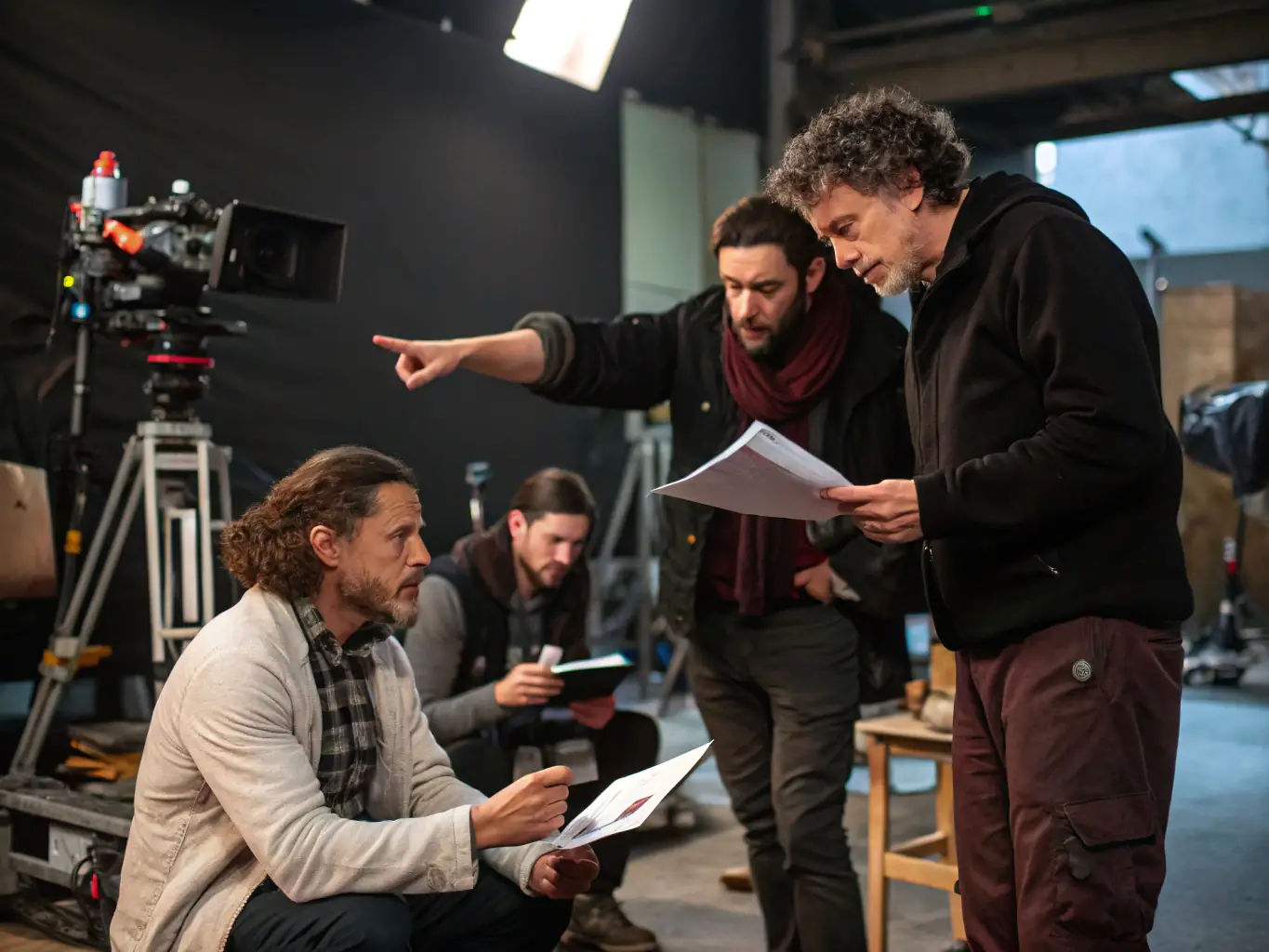A dynamic image showing actors rehearsing a scene on stage, with the director providing guidance. The lighting is dramatic, highlighting the intensity and emotion of the performance.