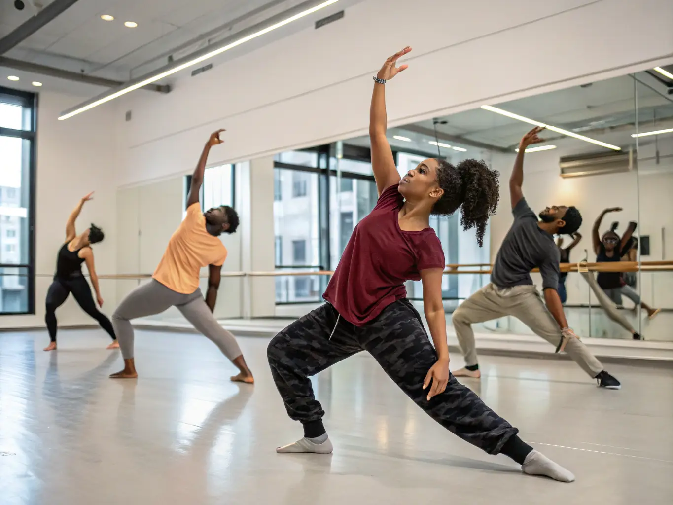 A vibrant photograph capturing a dance workshop in progress, with participants moving gracefully under the guidance of an instructor. The setting is a well-lit studio with mirrors and wooden floors, reflecting the energy and passion of the dancers.