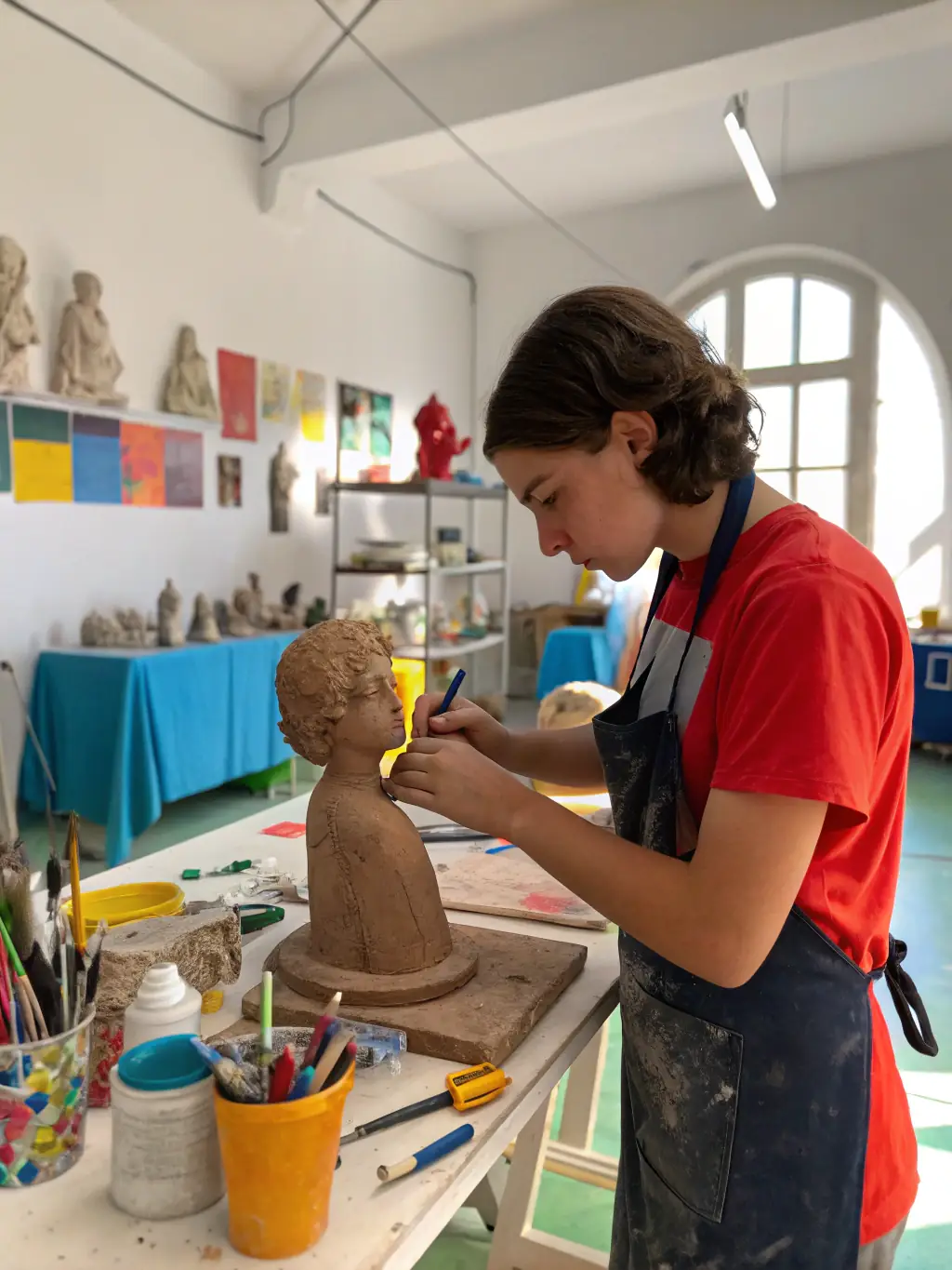 A close-up shot of hands skillfully crafting a sculpture from clay, emphasizing the tactile and artistic process, set in a well-equipped studio, illustrating the hands-on creative workshops offered by ASSOCIATION CORPS ET GRAPHIE.