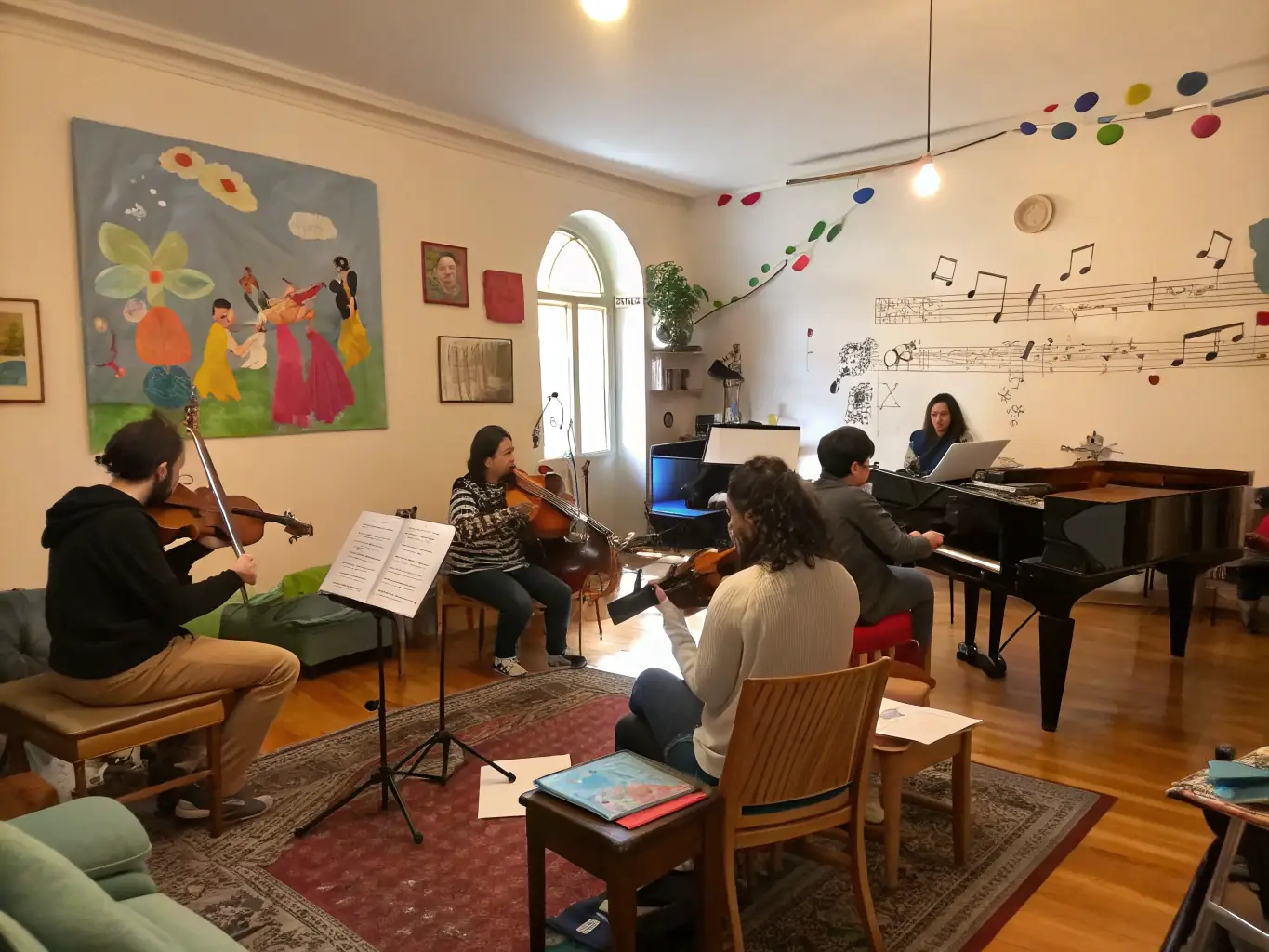 A close-up shot of musicians collaborating during a music workshop, with various instruments and sheet music visible. The atmosphere is collaborative and inspiring, showcasing the joy of creating music together.