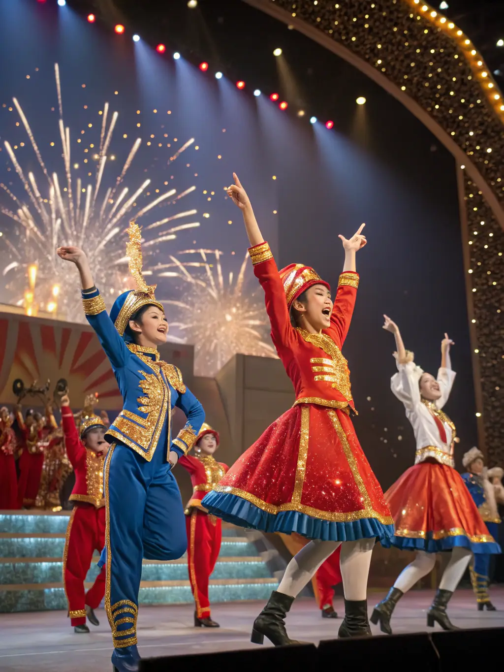 A lively scene from a musical theatre performance, featuring singers and dancers in colorful costumes, set on a vibrant stage, capturing the energy and collaborative spirit of ASSOCIATION CORPS ET GRAPHIE's musical programs.
